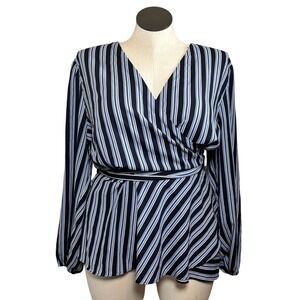 LOFT Plus Blue White Striped Long Sleeve Wrap Peplum Blouse Top Size 24